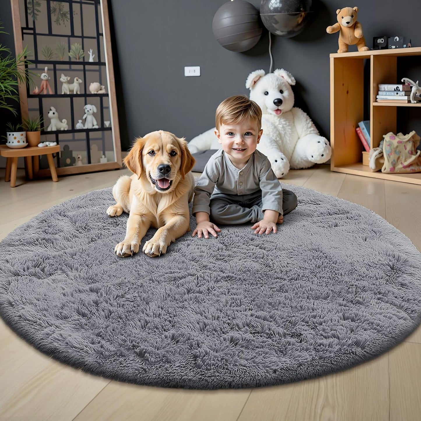 OLANLY Round Light Grey Area Rug - Soft, Fluffy, Machine Washable 5 ft Circle Carpet for Bedroom & Living Room