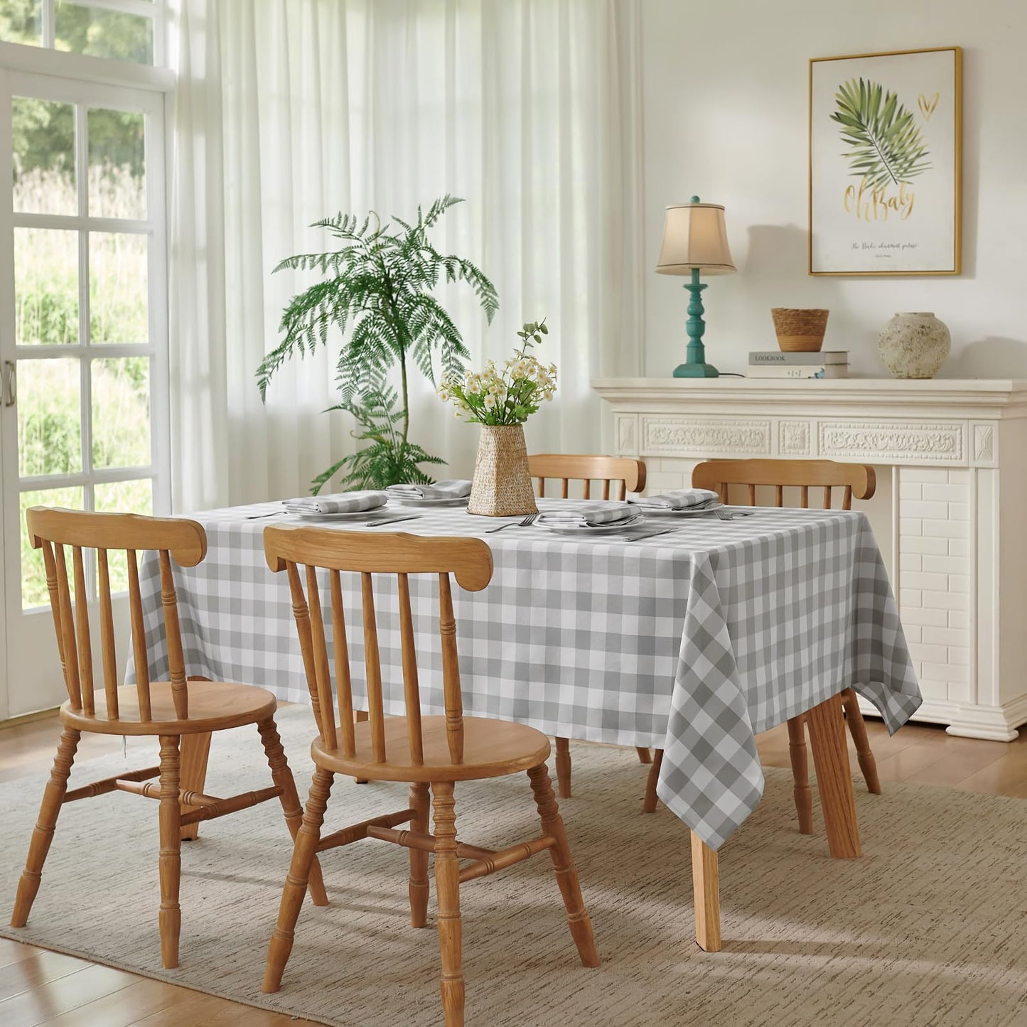 Veblandy Checkered Tablecloth Rectangle Waterproof Gingham Table Cloth Washable Buffalo Plaid Table Cover Wrinkle Free for Kitchen, Dining and Outdoor Picnic, 52 x 70 Inch, Light Grey and White