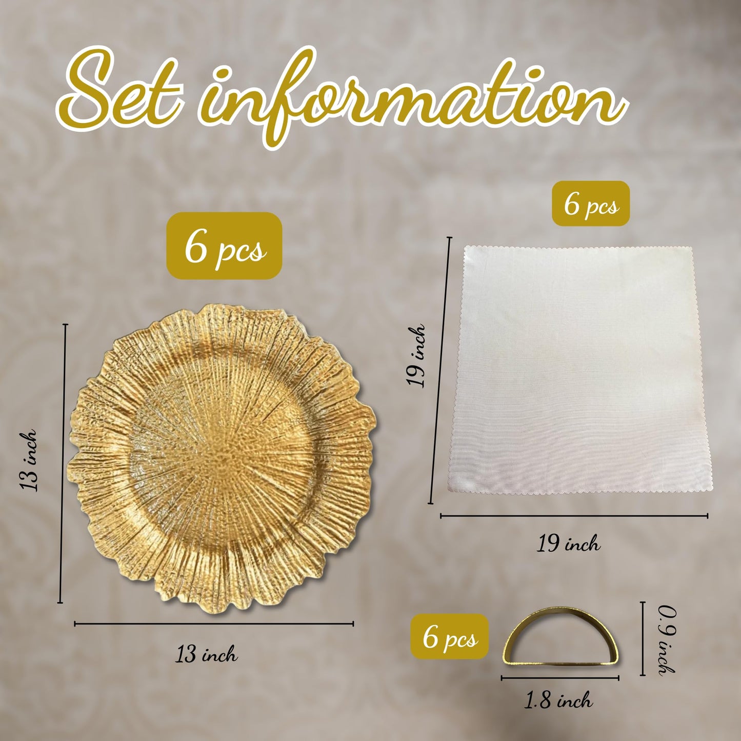 LEMELC Gold Plastic Charger Plates Set – 6 Reef-Style 13" Chargers with 6 White Napkins & 6 Gold Metal Rings – Party Charger Plates & Elegant Table Décor for Dinner Parties & Special Occasions
