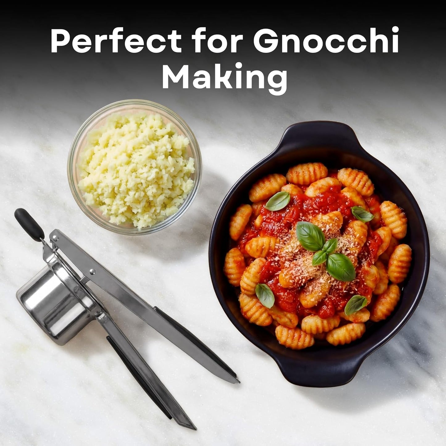 Skiennix 15oz Potato Ricer - Professional Stainless Steel Masher for Fluffy Mashed Potatoes & Gnocchi | Ergonomic Silicone Handles, Dishwasher Safe