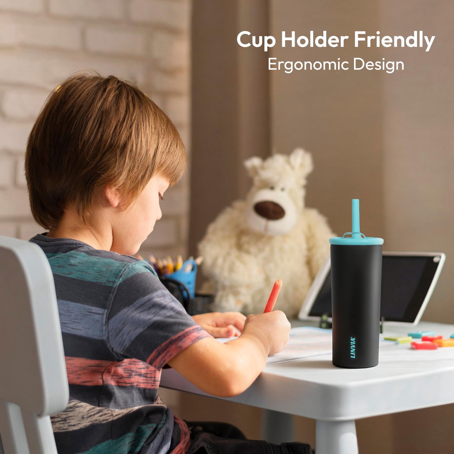 LINVIA Candy Tumbler, 12 oz Kids Insulated Stainless Steel Water Bottle with Spill Resistant Silicone-Metal Straw and 2-in-1 Lid, BPA-Free, Cup Holder Friendly, Dishwasher Safe, Hot Pink