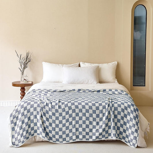 6-Layer Gauze Muslin Blanket 100% Cotton Blue Checkerboard Queen Size 90"x90" Cooling Throw Blanket Lightweight Soft and Breathable Cozy Blanket Bed Coverlet Both Sides (Blue Checkerboard, Queen)