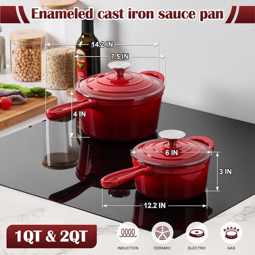 E-far Enameled Cast Iron Saucepan Set - 1Qt & 2Qt Heavy Duty Pots with Self-Basting Lids | Induction-Ready, Easy Clean, Red