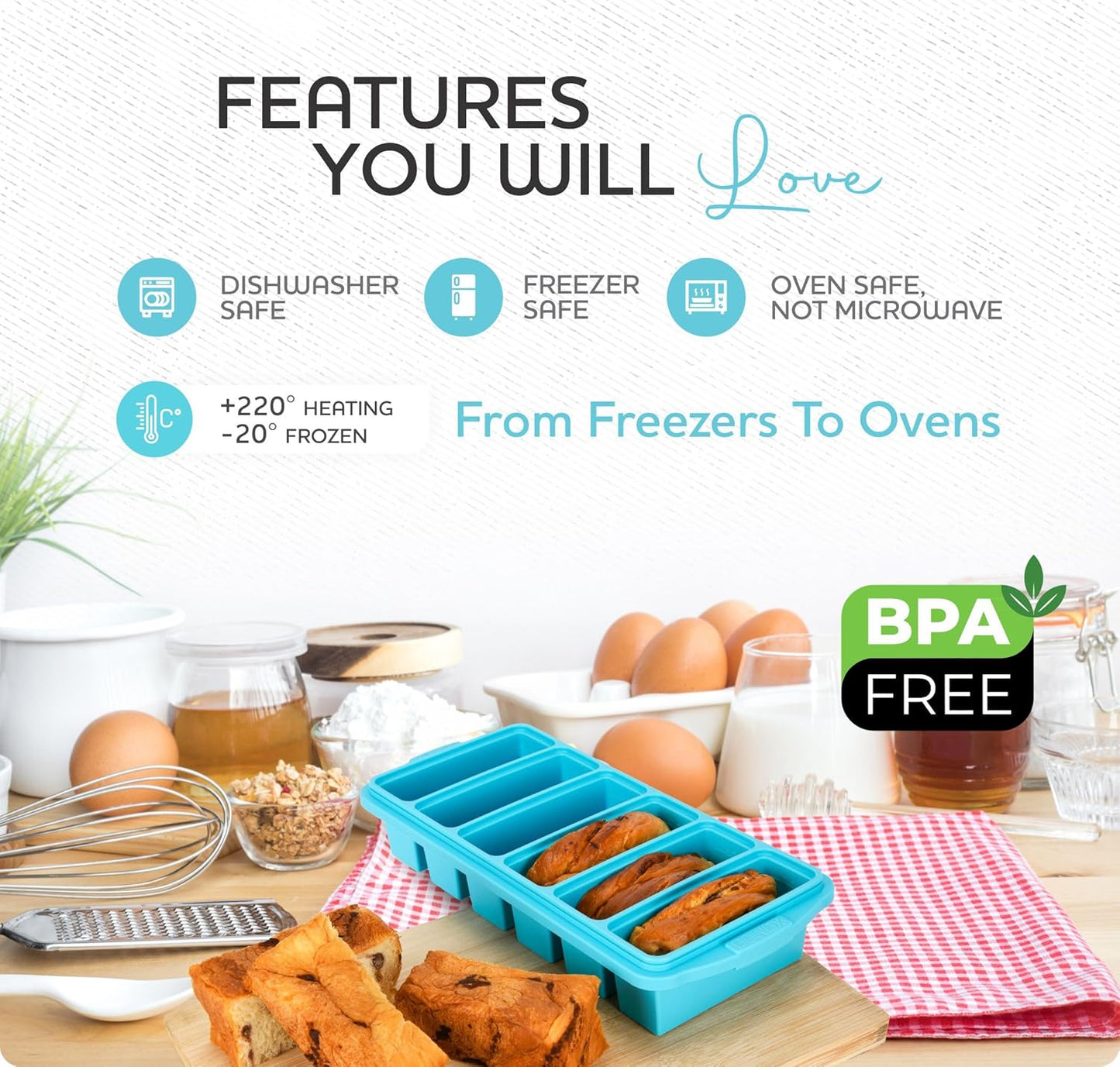 Skiennix 1/2 Cup Silicone Freezer Tray - 2-Pack Meal Prep Molds with Lid | Oven & Dishwasher Safe