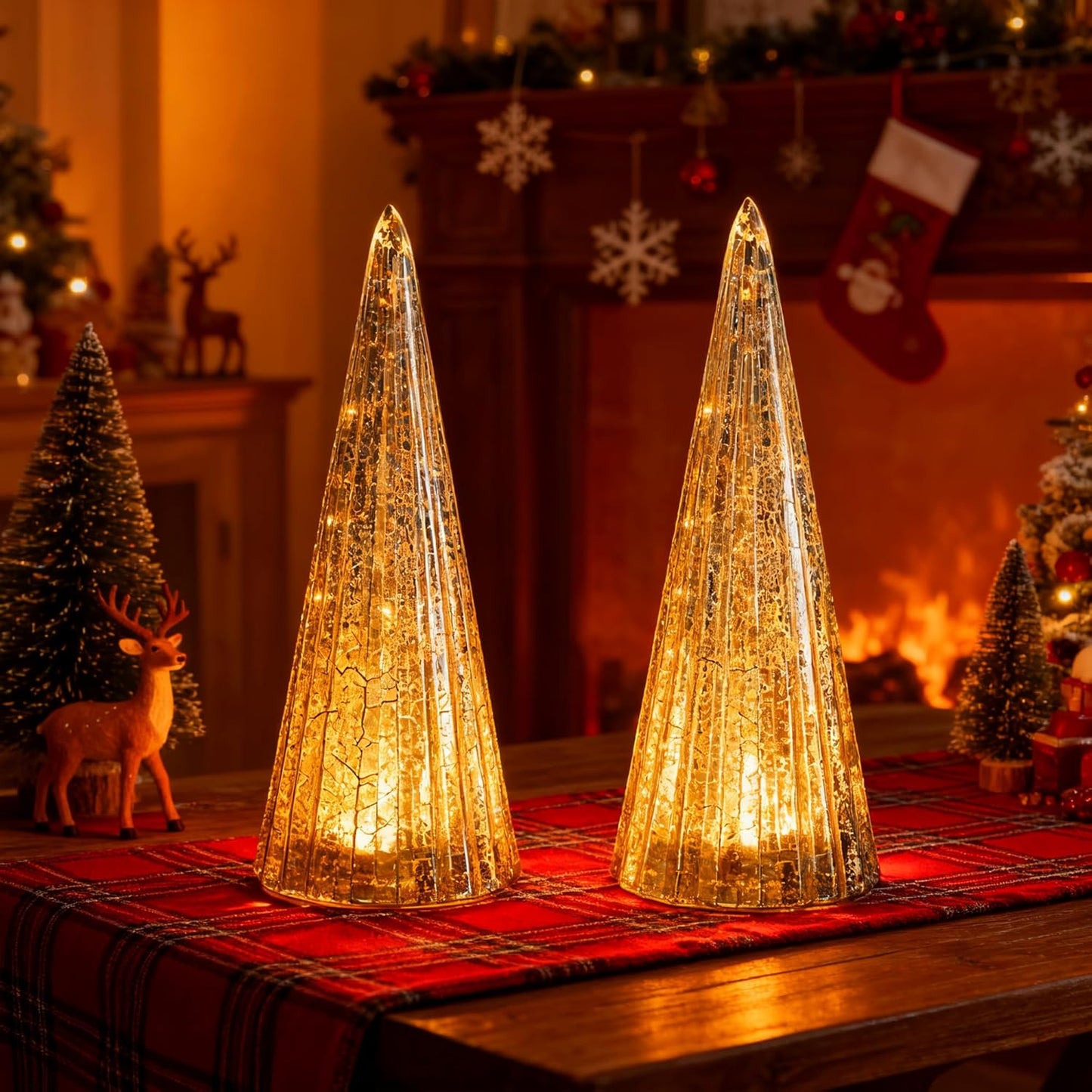 Regine Switzerland Mercury Glass Christmas Tree Set - Silver LED Collectible Figurines for Indoor Decor