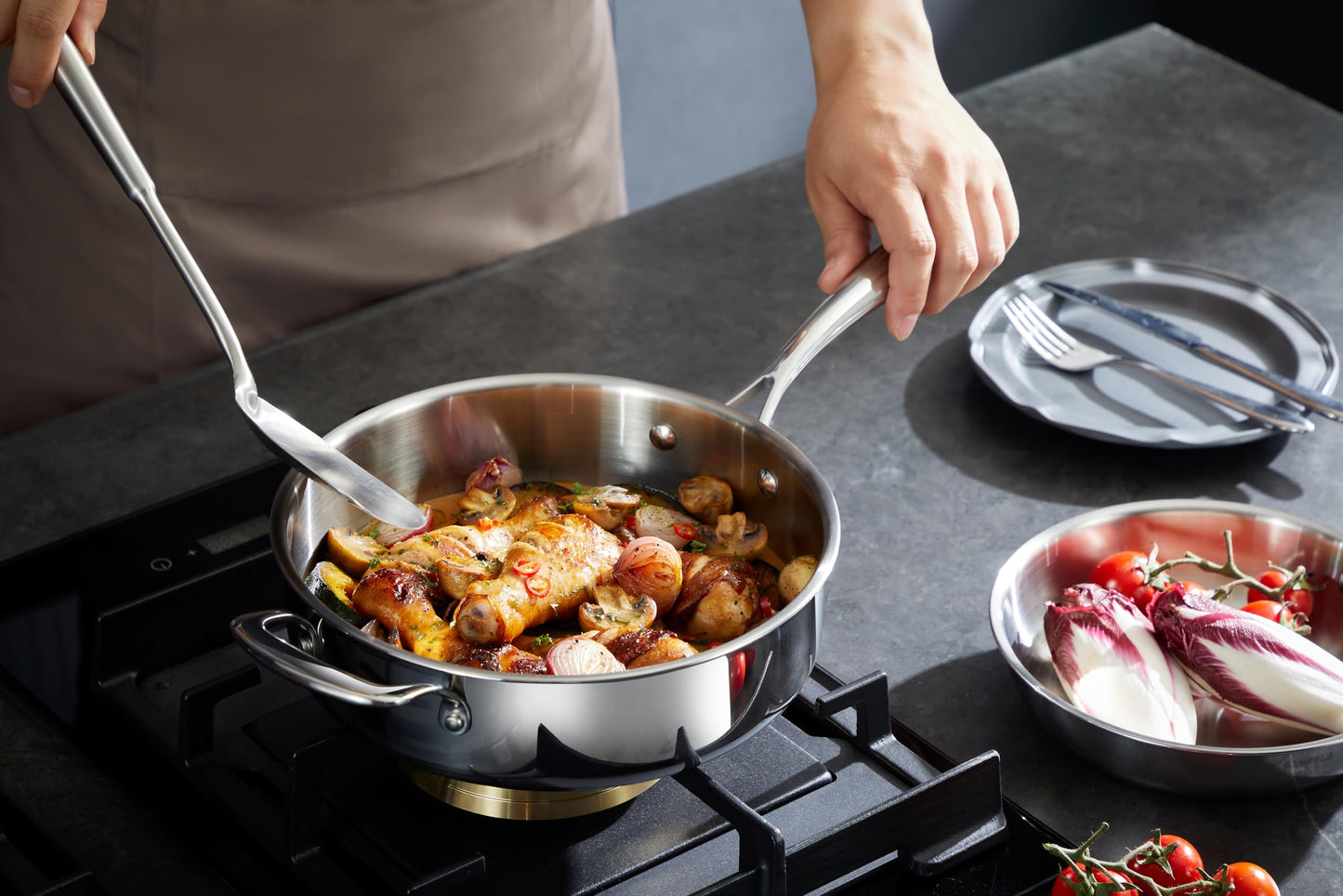 SANFELA Cookware, 10 Piece Stainless Steel Pot and Pan Set, 5 Ply Clad, Includes Frying Pans, Saucepans, Saute Pan and Stock Pot, Compatible with All Cooktops, PTFE, PFAS and PFOA Free