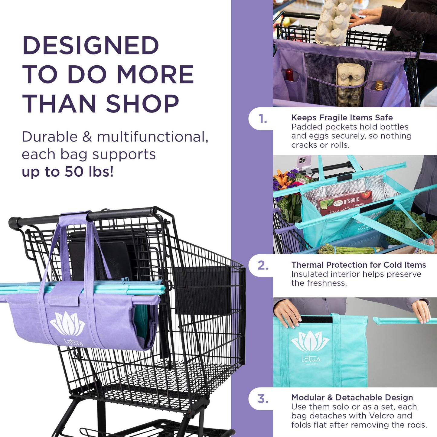 Lotus Original Trolley Reusable Shopping Bags (4-Pack) – Detachable & Reusable Grocery Bags Foldable with Insulated Grocery Bag & Egg/Wine Holder – Washable Shopping Totes to Save Time & Easy Storage