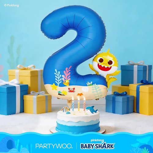 Baby Shark by PartyWoo - 40 Inch Blue Foil Number 2 Balloon | Mylar Helium Birthday Decoration for Kids