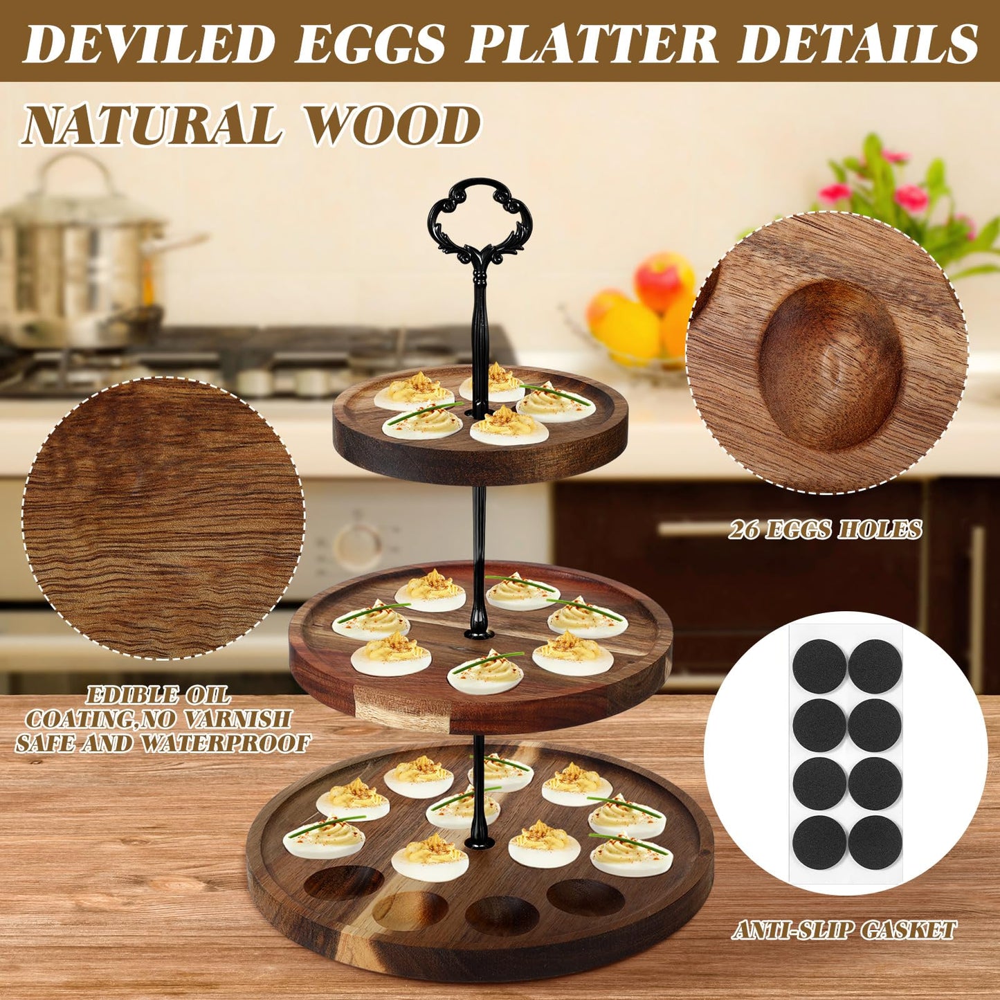Newtay 3 Tier Wooden Deviled Egg Platter 26 Holes Deviled Egg Stand Plate Reversible Tray Serving Tray Holder for Easter Thanksgiving Christmas Cheese Serving Home Supplies(Black)