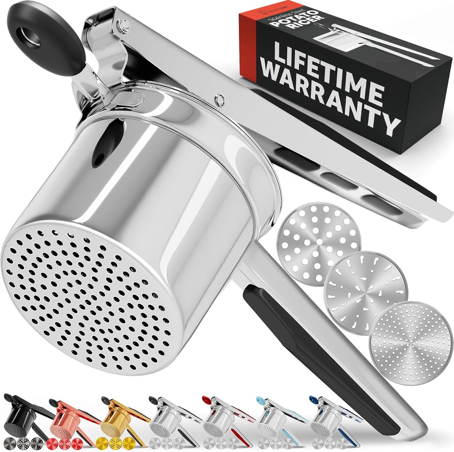 PriorityChef 15oz Potato Ricer - Heavy Duty Stainless Steel Kitchen Tool with 3 Discs for Perfect Mashed Potatoes | Black