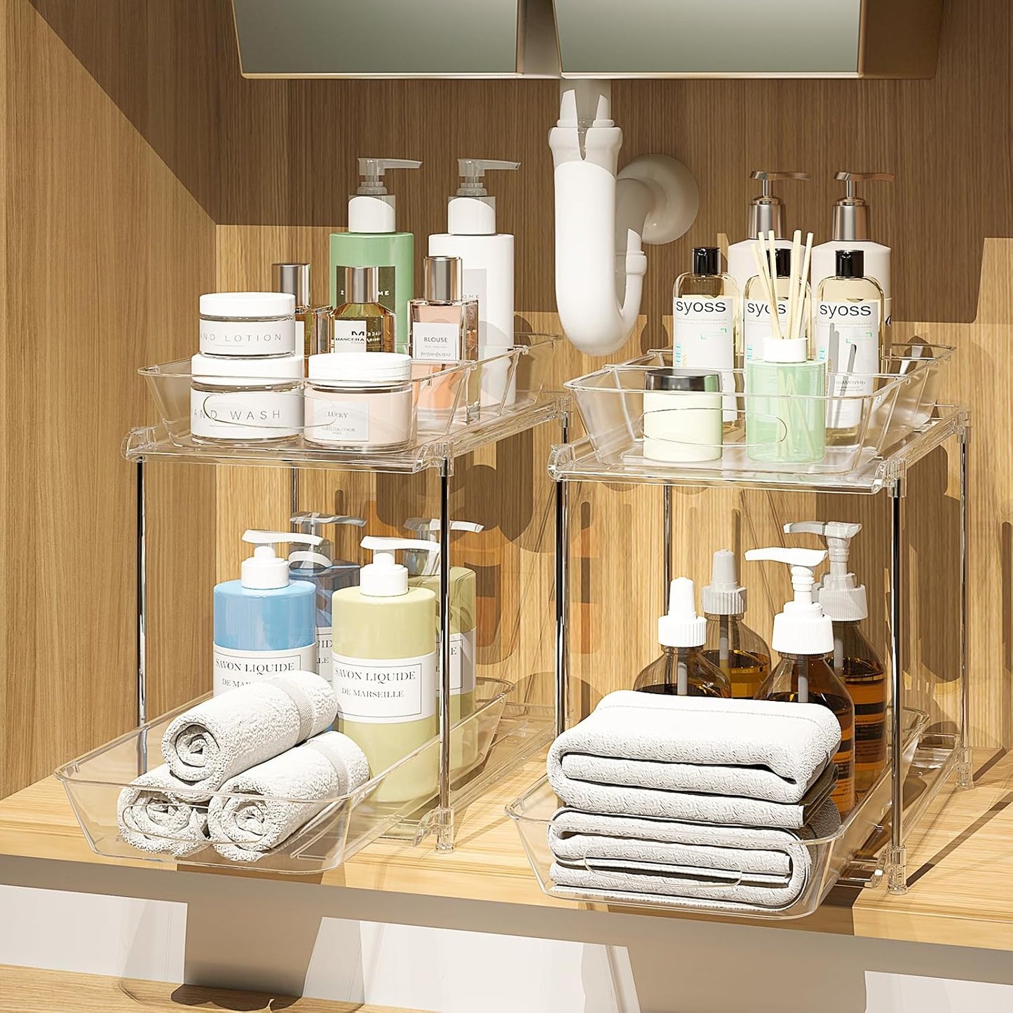 MHHA Bathroom Cabinet Organizer - 2 Tier Clear Under Sink Storage with Dividers | Pull-Out Kitchen Pantry Bins