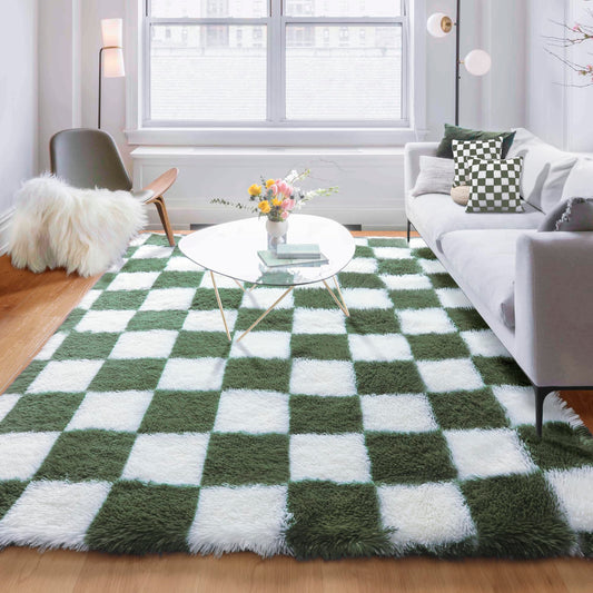 KICMOR Area Rug 5x7 for Living Room, Soft Fluffy Olive Green and White Checkered Shag Rugs Shaggy Fuzzy Carpet for Bedroom, Indoor Furry Plush Floor Rug for Kids Boys Girls Dorm Nursery Home Decor