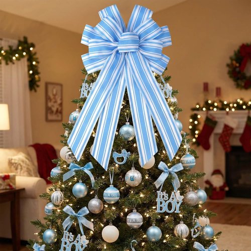 Blue White Striped Wreath Bow - Large 20x11 Inch Premade Baby Shower Decor for Front Door
