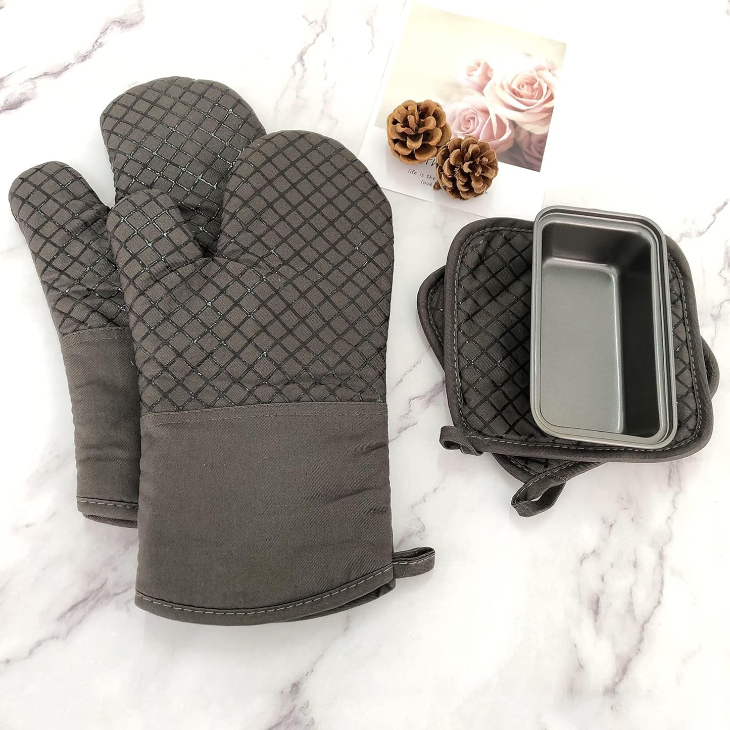 Skiennix Oven Mitts Set - 4 Pcs High Heat Resistant Kitchen Mitts & Pot Holders | Grey, Silicone Non-Slip