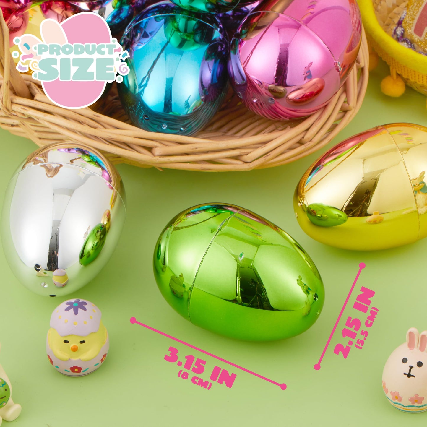 JOYIN 3.15" Metallic Easter Eggs, Shinny Plastic Eggs Colorful Bulks for Easter Hunt, Filling Treats, Easter Basket Stuffers, Classroom Prize Supplies, 48PCS