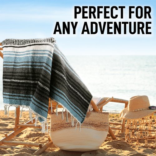 Hydration Nation Authentic Large Handwoven Mexican Blanket - Soft Yoga- Durable Serape- Lightweight Falsa, Beach, Camping, Picnic, Outdoor Blanket 70"x50" - Aqua Sky