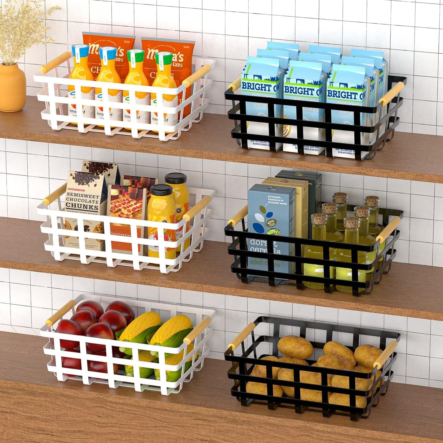 4 Pack Large Metal Storage Baskets, Farmhouse Baskets, Pantry Organizer Baskets with Wood Handle, Metal Baskets Bins for Kitchen Pantry Shelf Cabinets, White
