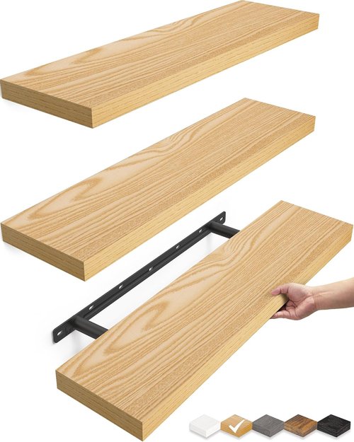BAYKA Floating Shelves - Rustic Wood Wall Mounted Shelves for Bathroom & Living Room | Set of 3 (Light Oak, 22.5 Inches)