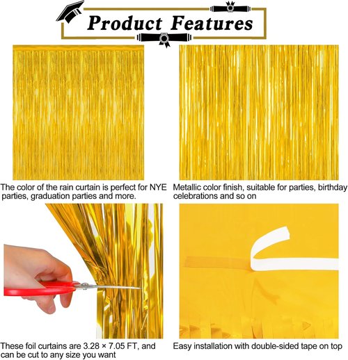 Gold Graduation Decorations 2026 - 12 Pack Metallic Backdrop Curtains | 3.28 FT x 7.05 FT Fringe Streamers