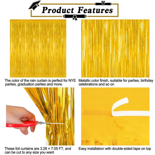 12 Pack 2026 Graduation Decorations, 3.28 FT x 7.05 FT Gold Backdrop Curtains, Metallic Class of 2026 Backdrop Fringe Curtains Foil Streamer, Gold Grad Decorations 2026 Party Supplies
