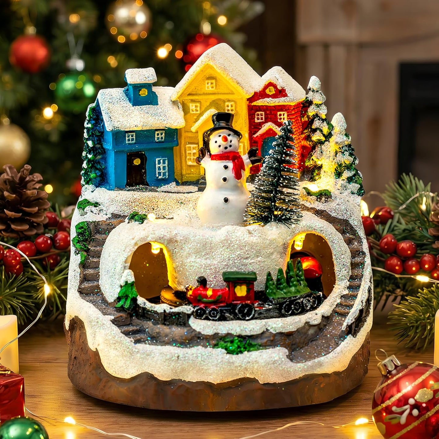 MXwcy Christmas Village House - Moving Train & Music, LED Lighted Snowman Figurine | Holiday Decor Collectible