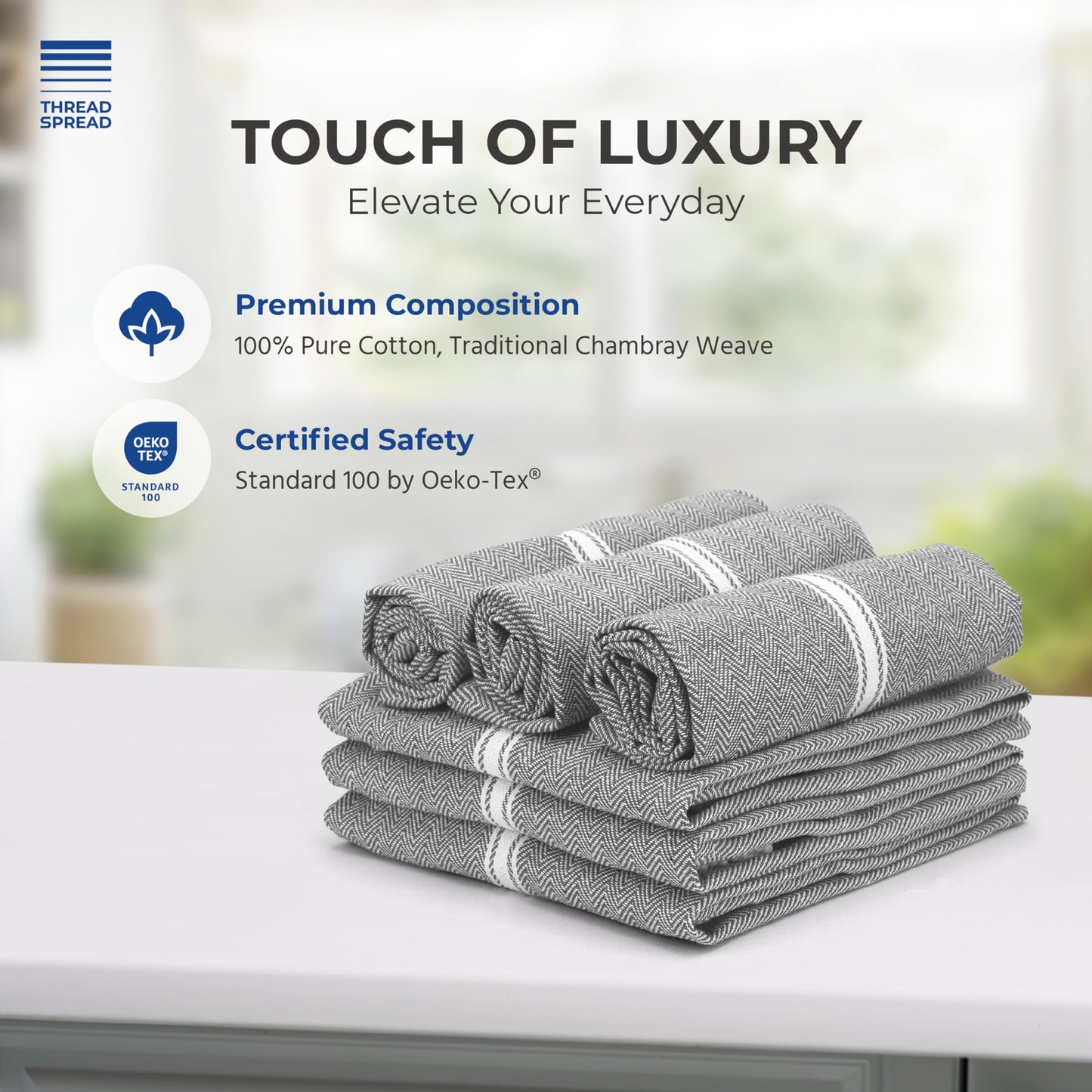 THREAD SPREAD Kitchen Towels Set - 100% Cotton Dish Towels for Kitchen - Pack of 12 Super Absorbent Hand Towel - Grey Tea Towel - Quick Dry & Soft Durable Dish Cloths - 15”x25”, Grey Chambray
