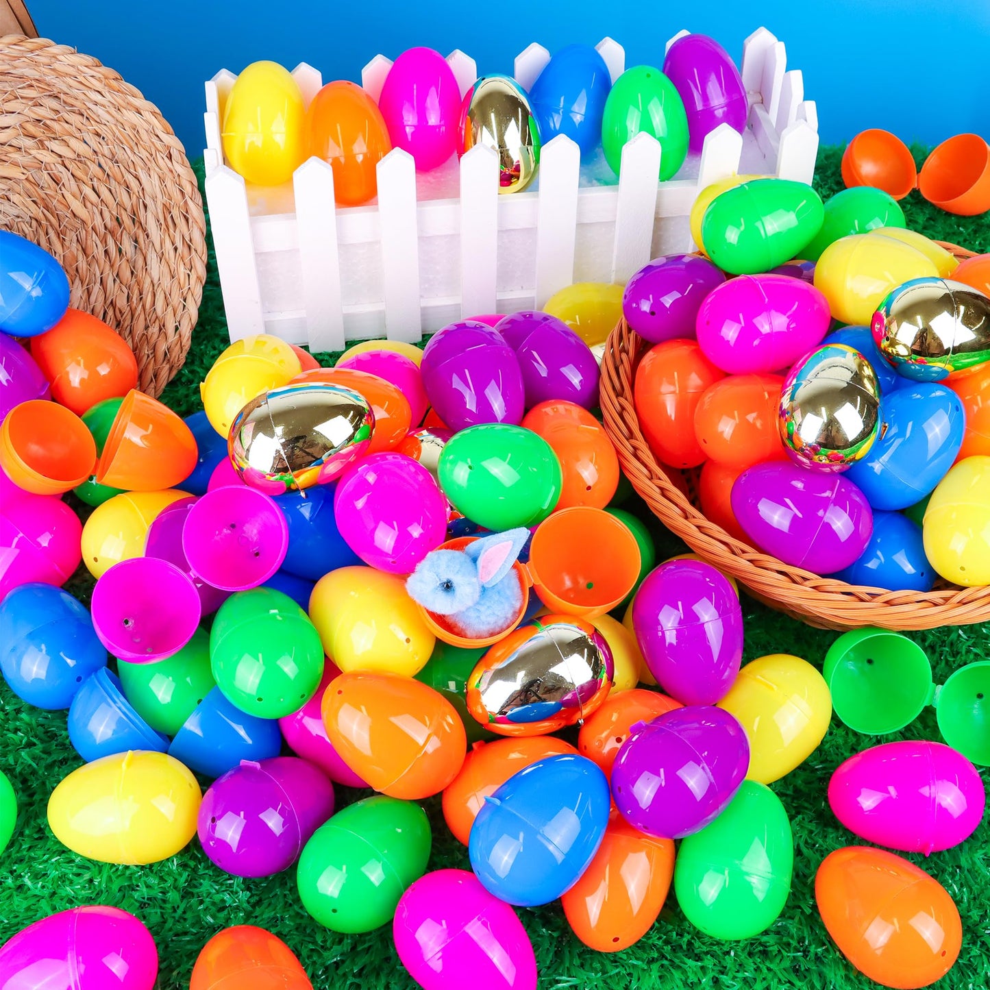 100 Pack 3 Inch Large Fillable Plastic Easter Eggs Bulk Include 6 Surprise Golden Eggs, Bright Color Empty Easter Eggs for Easter Hunts, Basket Stuffers Fillers, Easter Party Favors Classroom Prize