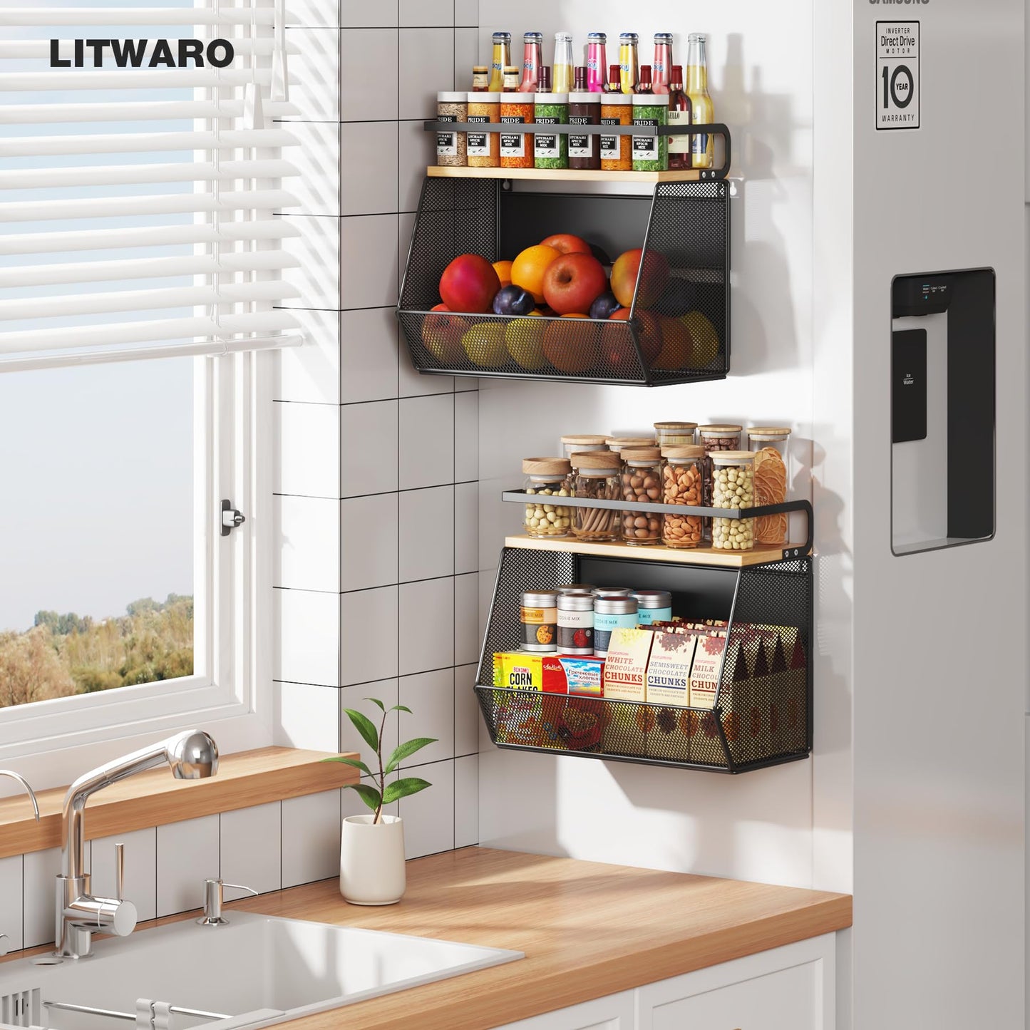 Magnetic Shelf for Fridge with Wide & Thick Magnet, 1 Pack Refrigerator Organizer Basket with Bamboo Top, Storage for Fruit, Potato, Onion, Kitchen, Pantry, Laundry (Black, 13.8" x 6.8" x 11.8")