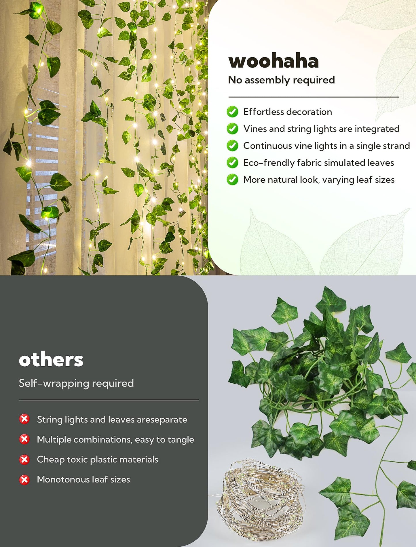 woohaha Vine with Fairy Lights,23ft 73LED Ivy String Light with Battery Operated,Leaf Light for Bedroom, Room, Wall, Garden, Party, Wedding Decor (Warm White)