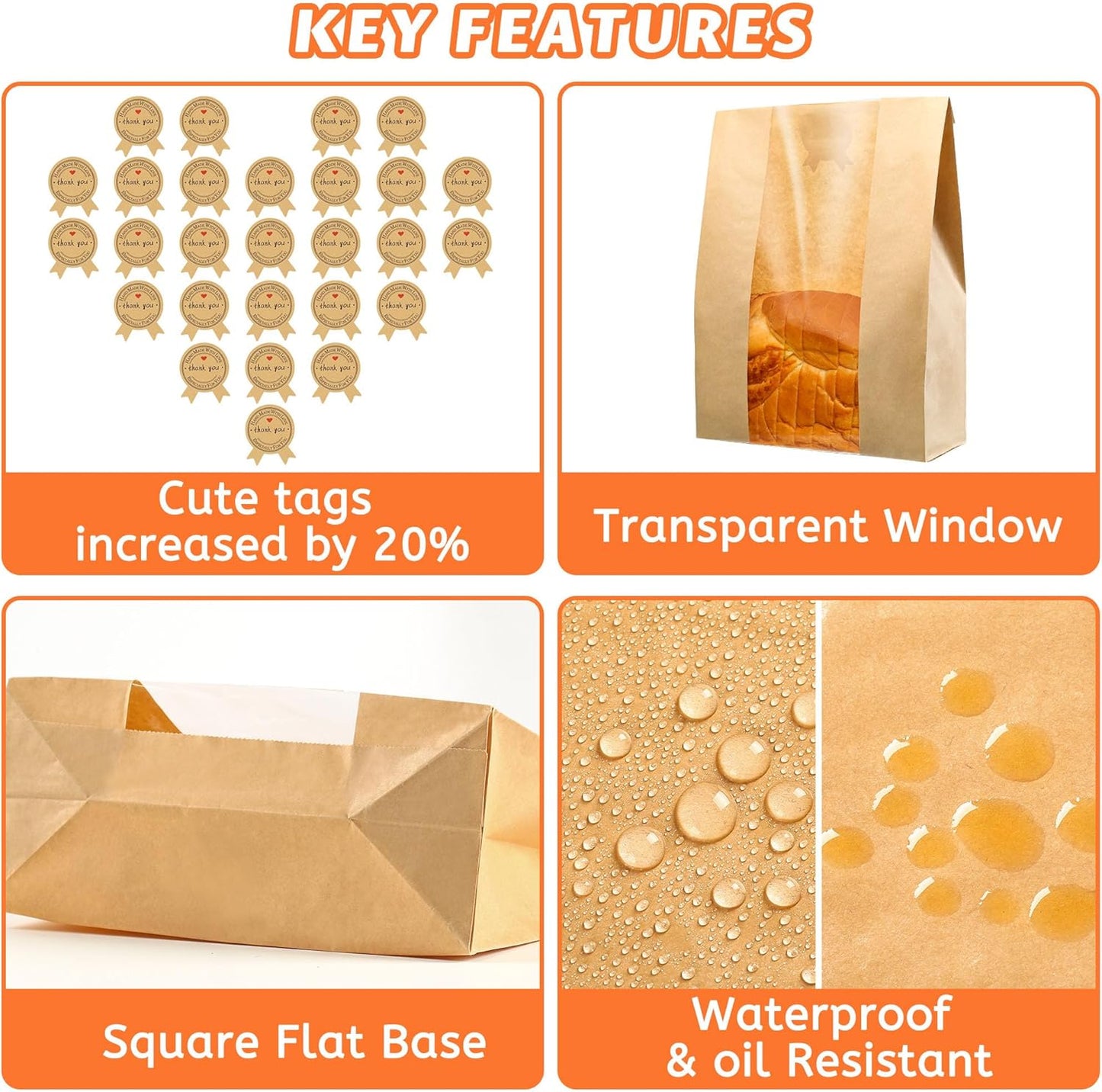 Skiennix 50 Pcs Bread Bags - 50% Thicker Sourdough Paper With Window | 13.7x8.2x3.7in Bakery Storage Bags & Stickers