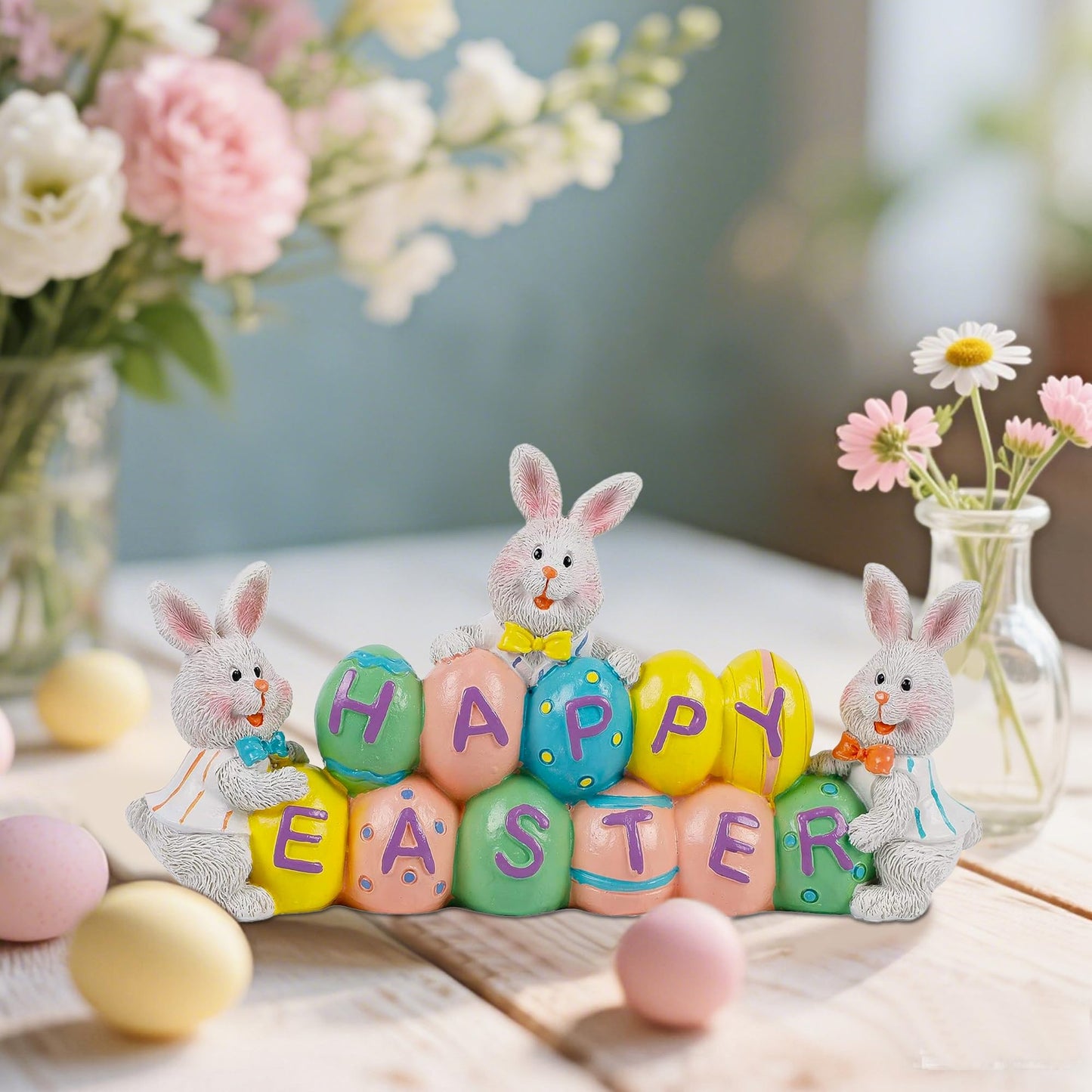 DR.DUDU Easter Decorations Eggs Bunny, Hand-Painted Resin Tabletop Centerpiece, Decor Bunny Figurine for Home Room Table Office Party (Happy Easter)
