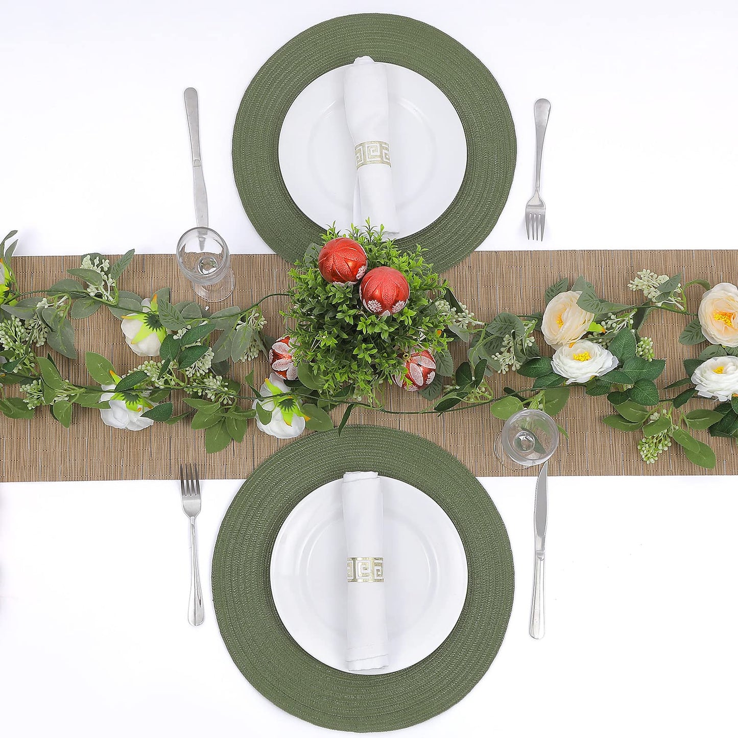 SHACOS Round Placemats Set of 8 Washable 15 inch Round Table Mats Cotton Polyester Woven Braided Place Mats for Dining Table Wedding Party Decor (Olive Green, 8)