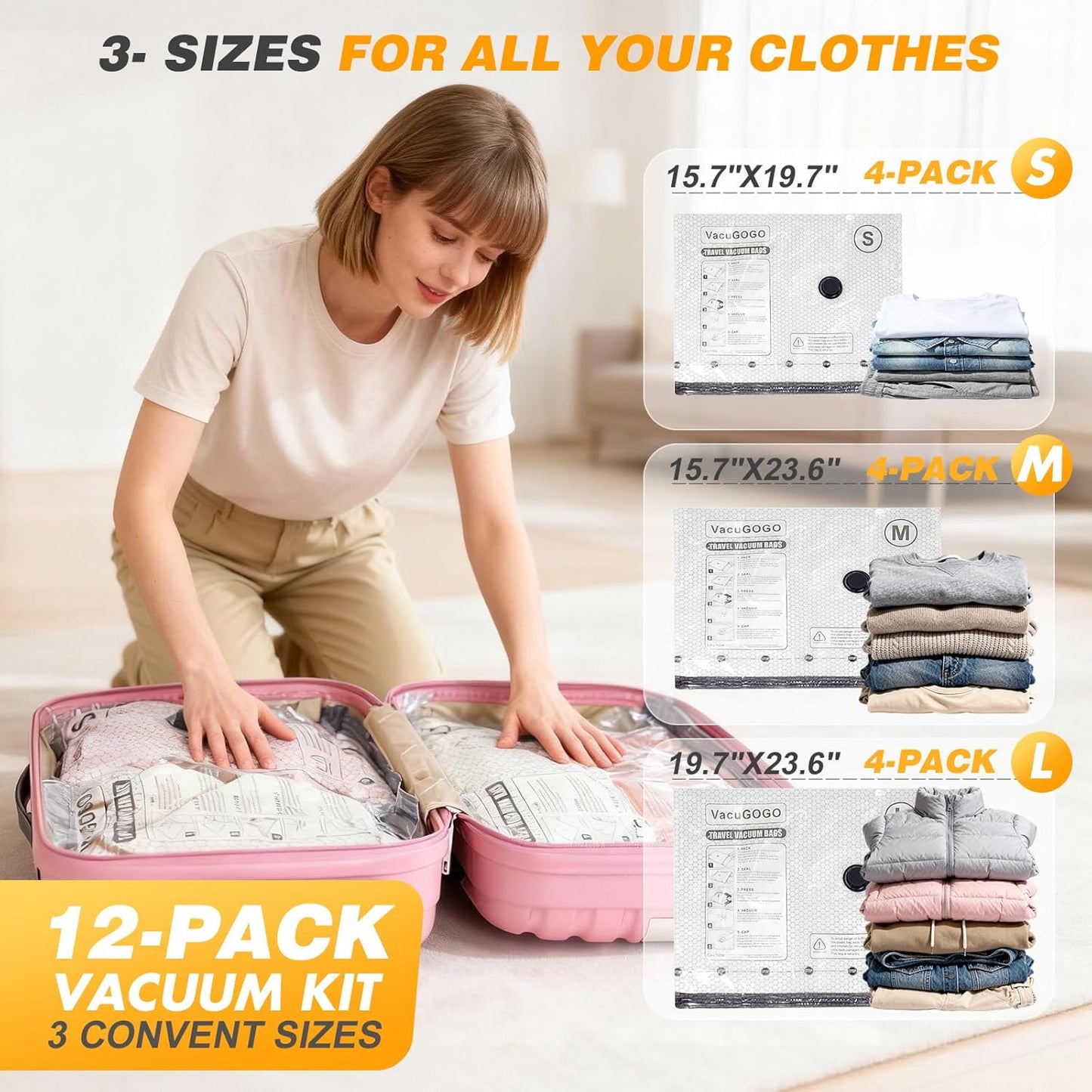 Travel Vacuum Storage Bags by [Brand Name] - 80% Space Saver Compression Bags with Portable Electric Pump | Pack of 12