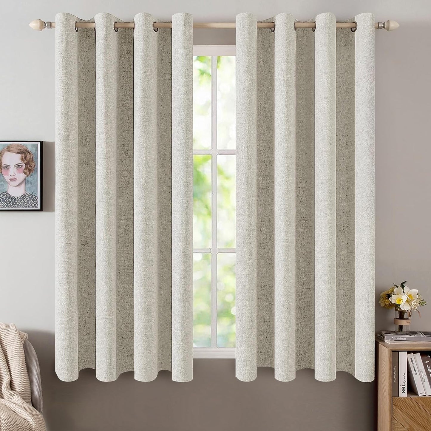 MIULEE Blackout Linen Curtains - Thermal Insulated Room Darkening Drapes | Light Cream, 52x54 Inch (2 Panels)