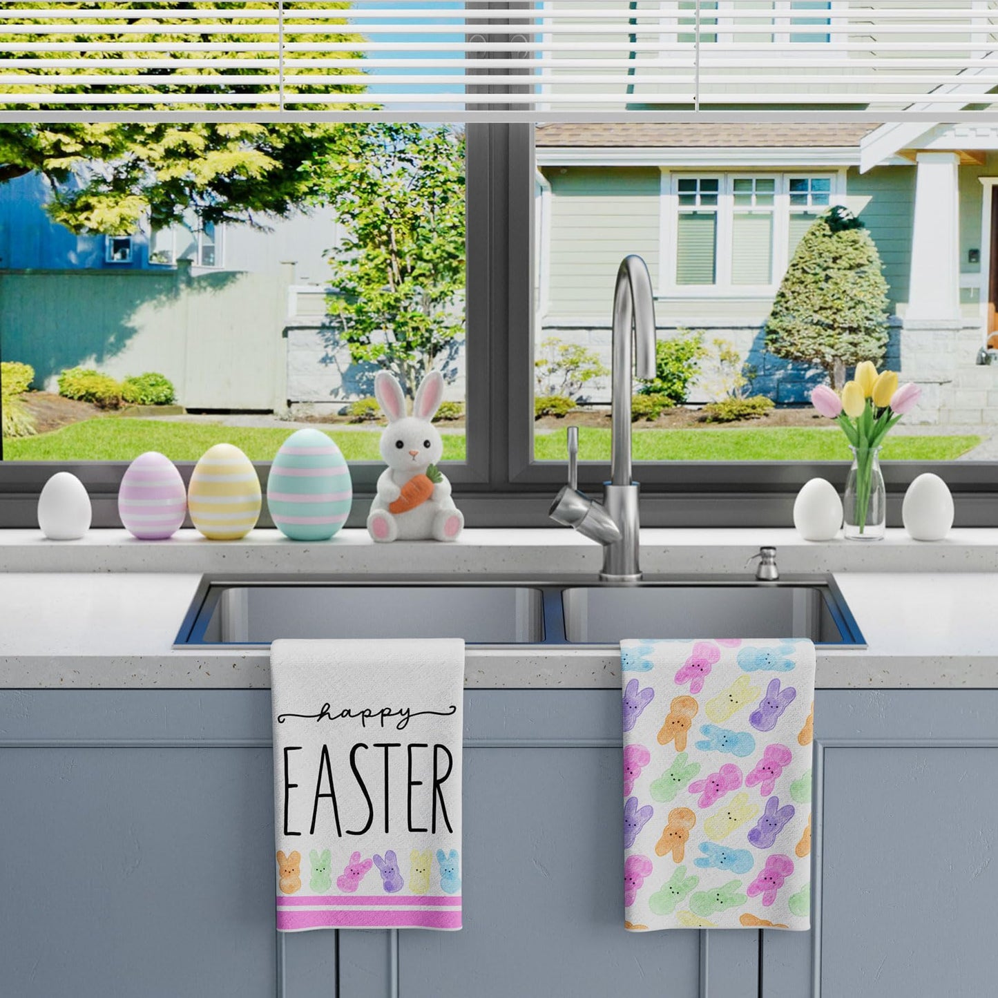 XCHI Happy Easter Colorful Cute Bunny Rabbits Easter Kitchen Towels Dish Towels 18x26 Inch Home Decorations Hand Towels Set of 2 Drying Dishcloth