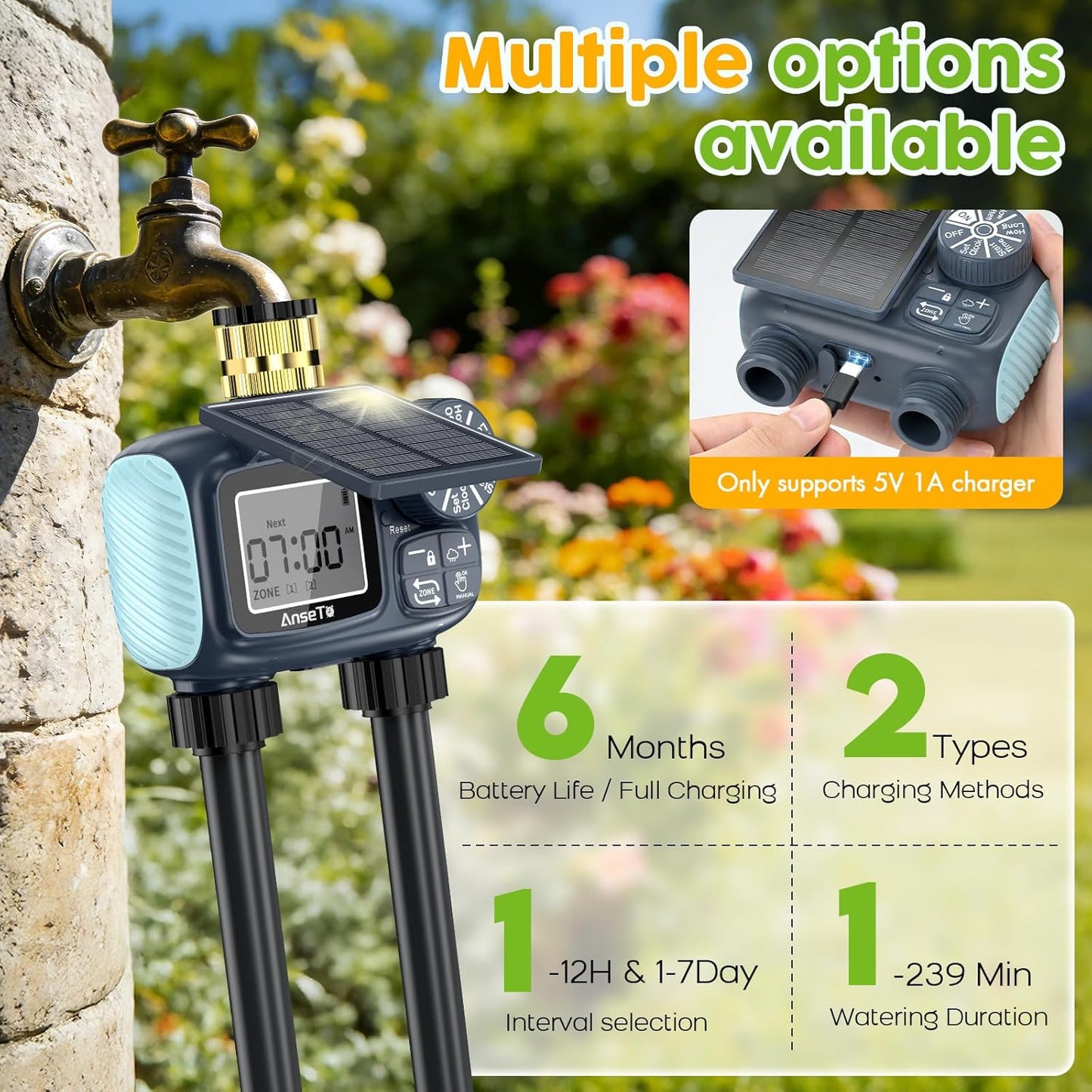 Skiennix Solar Sprinkler Timer - Programmable Brass Inlet Hose Timer for Efficient Garden Watering | 2 Outlet