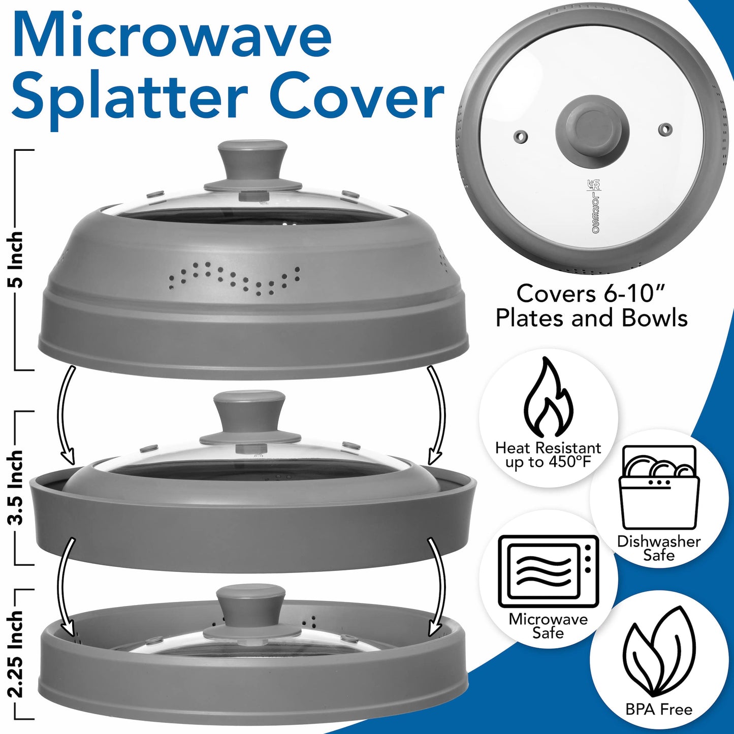 Microwave Splatter Cover for Food - Silicone Glass Dish Plate Cover, Vented with Silicone Grip Handle Knob, Collapsible, Food Grade, Microwave, Dishwasher Safe - 10" Inch