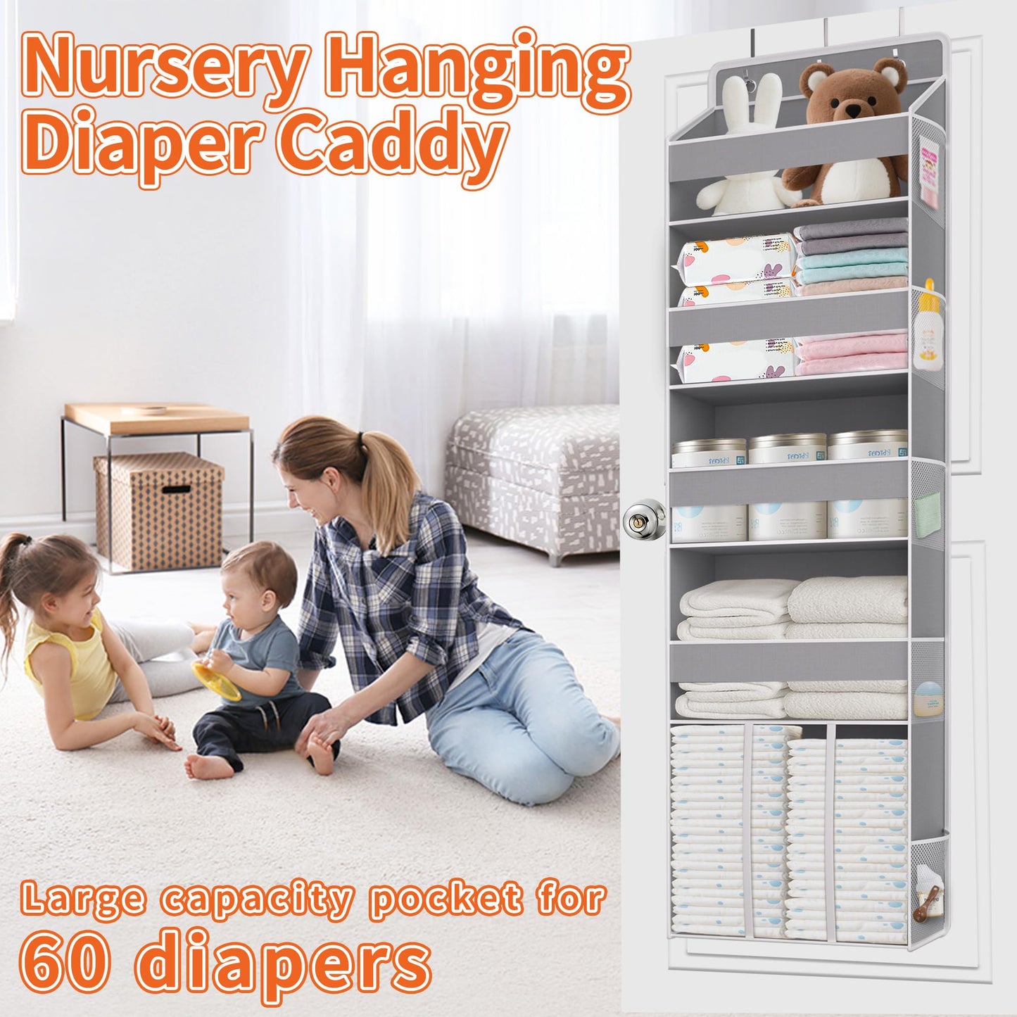 TAHAVICE Heavy Duty Over the Door Organizer with Large Capacity Caddy, Behind Door Storage with 10 Mesh Side Pockets, Back of Door Hanging Organizer for Closet, Bathroom, Laundry
