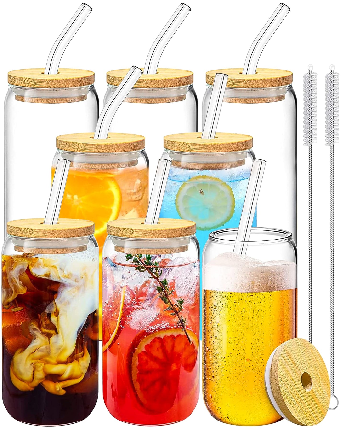 WISIMMALL Drinking Glasses with Bamboo Lids and Glass Straw 8PCS Set, 16oz Glass Cups with Lids and Straws, Beer, Iced Coffee Glasses, Soda, Gift 2 Cleaning Brushes