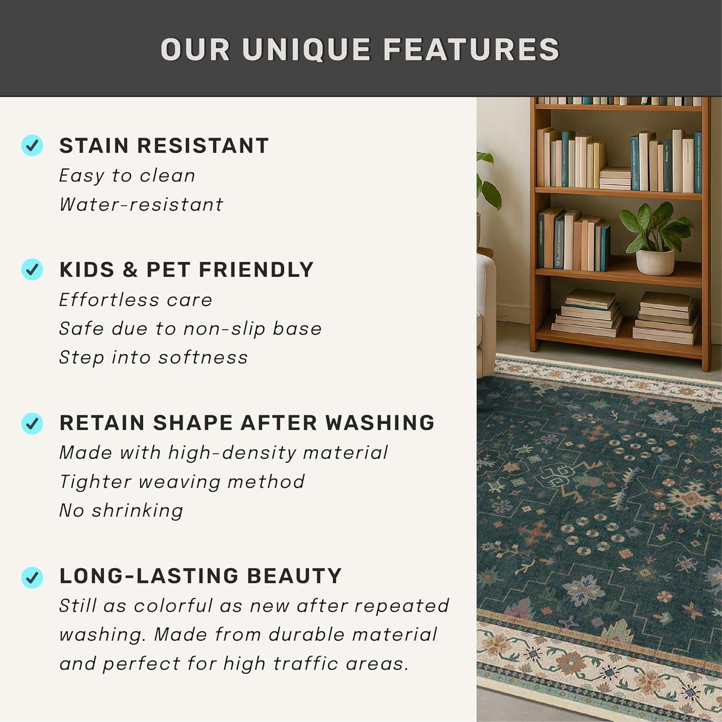 Regine Switzerland Dark Green Washable Runner Rug - Non-Skid 2'6"x10' for Hallway & Entryway