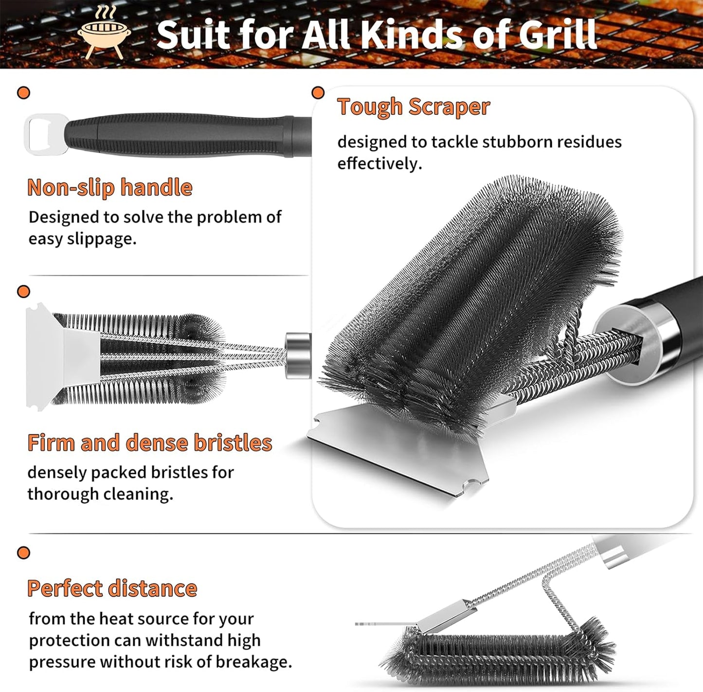Skiennix Grill Brush and Scraper - 18" Adjustable Handle for Safe BBQ Cleaning | Extra Strong Tool for Gas & Charcoal Grates