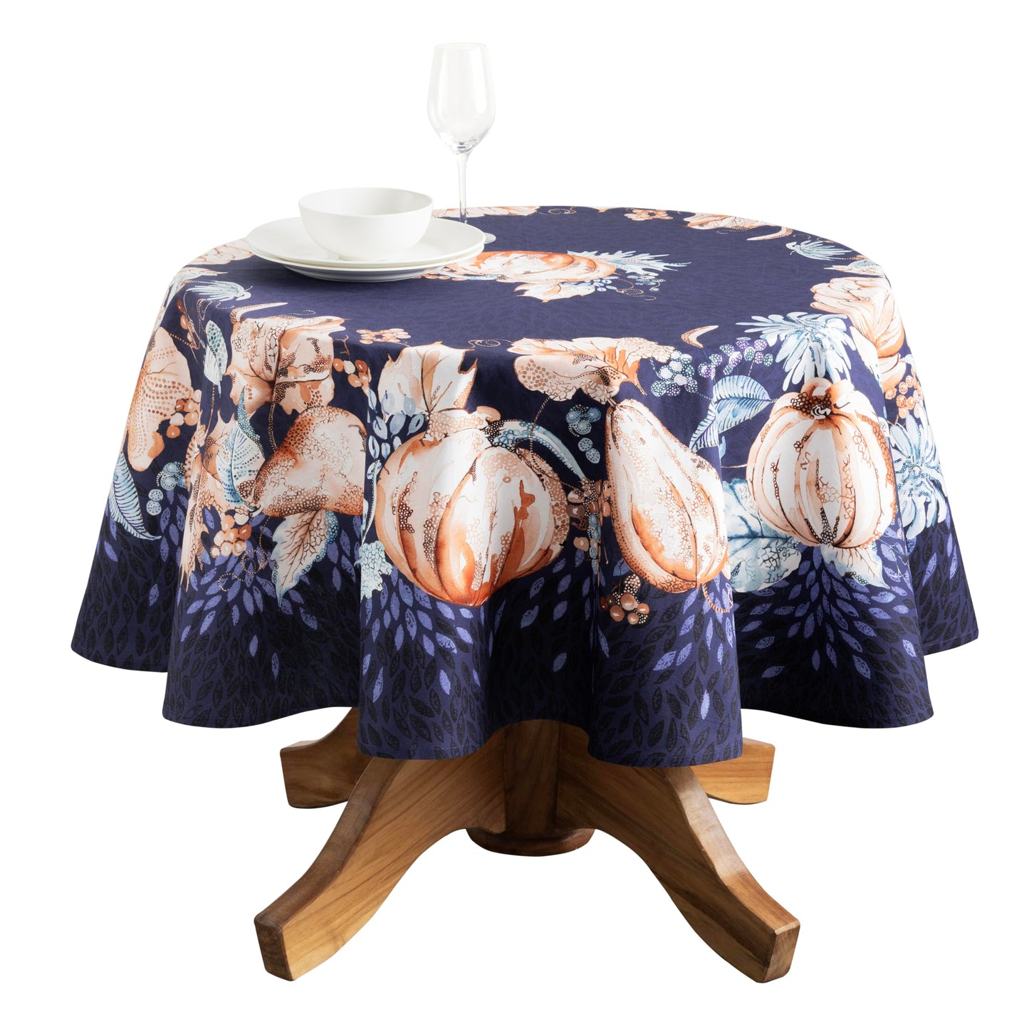 Maison d' Hermine Table Cloth Round Table 100% Cotton 69 Inches Fall Tablecloth Reusable Everyday Use for Thanksgiving Christmas Decorations Dining Farmhouse Party (Pumpkin Blues)