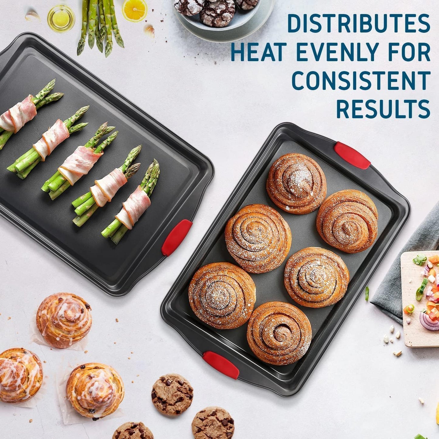 Skiennix Baking Sheet Set - 2-Piece Nonstick Cookie Sheets with Silicone Handles | Durable Black Steel Pans