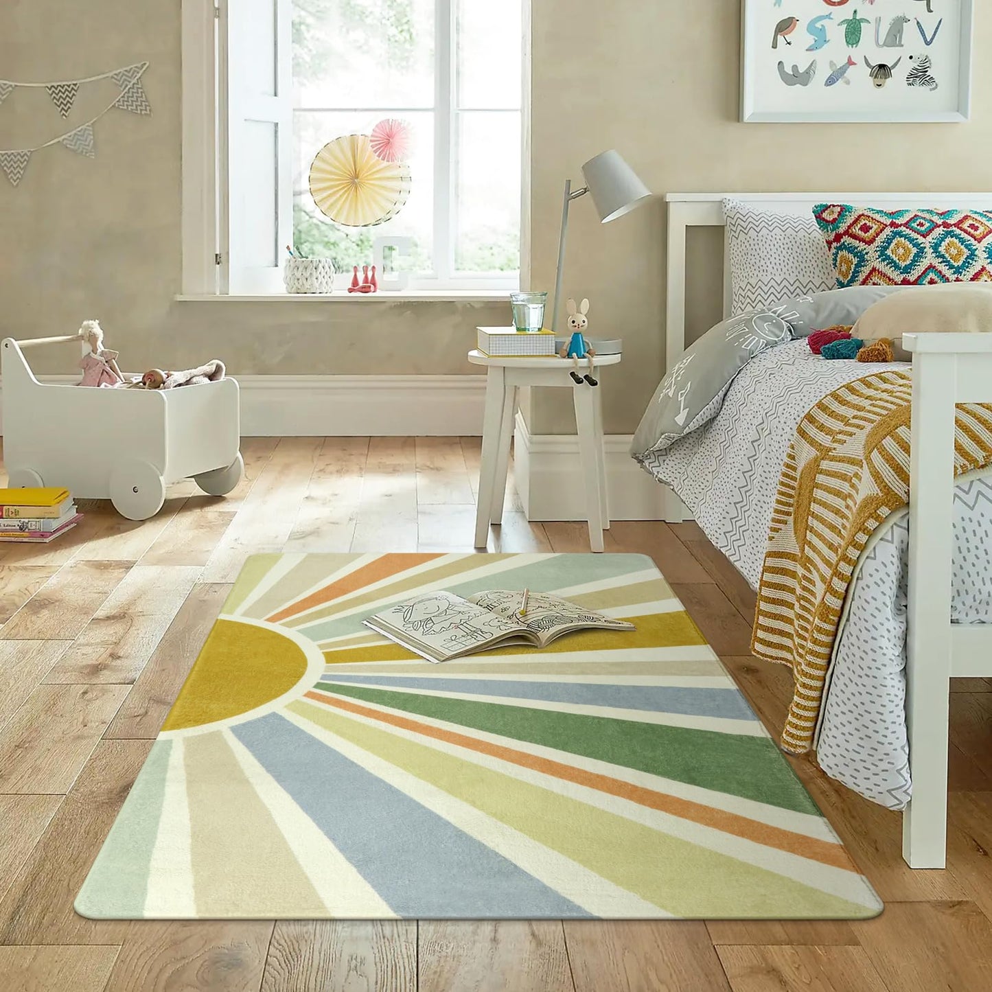 STARUIA Boho Washable Area Rug - 4'x6' Kids Playroom Rug, Non-Slip Modern Sun Carpet for Bedroom, Office, Nursery, Entryway, Dorm