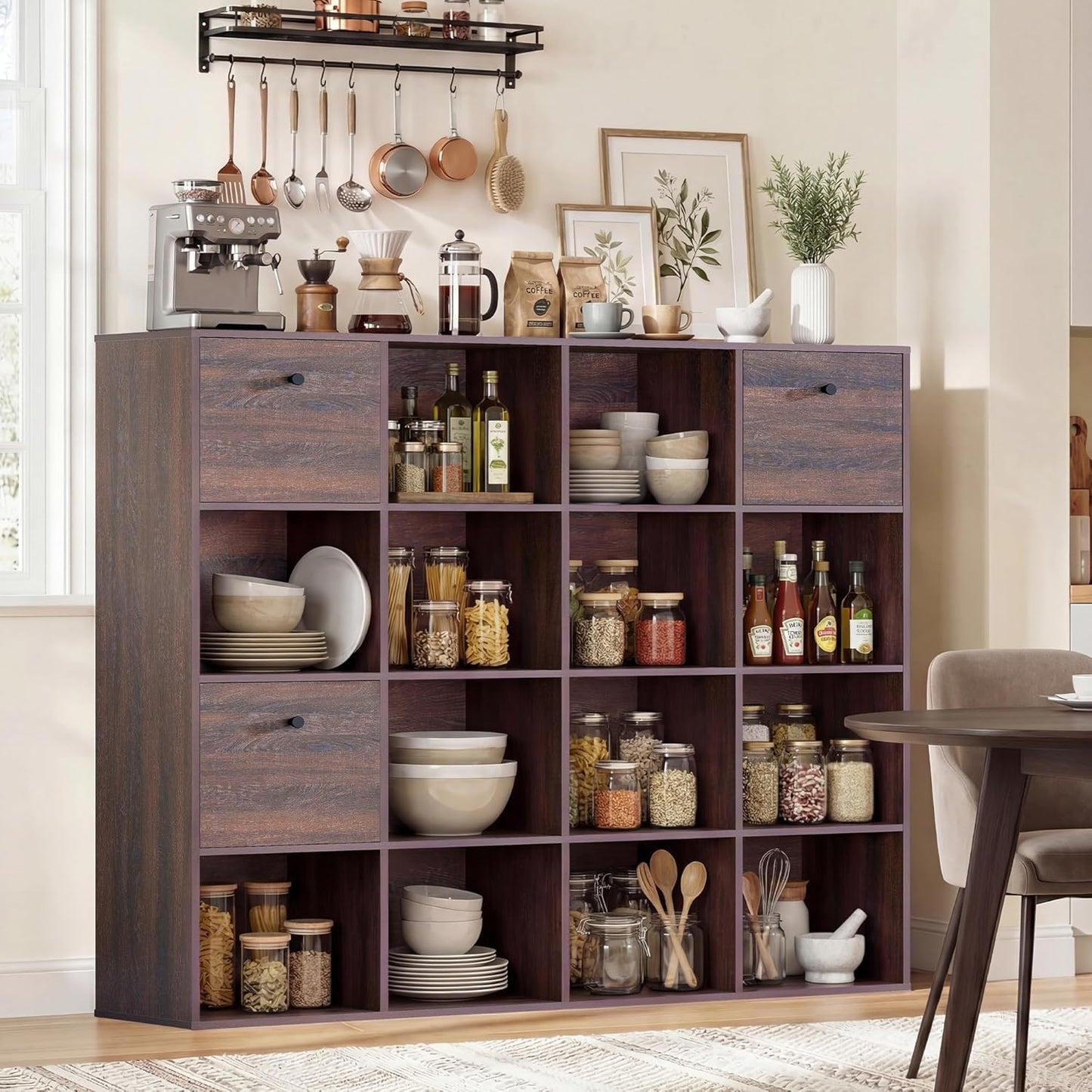 Walnut 16-Cube Storage Organizer - Stylish Wooden Bookcase with 3 Drawers | 47" Wide Freestanding Shelf for Home Office & Library