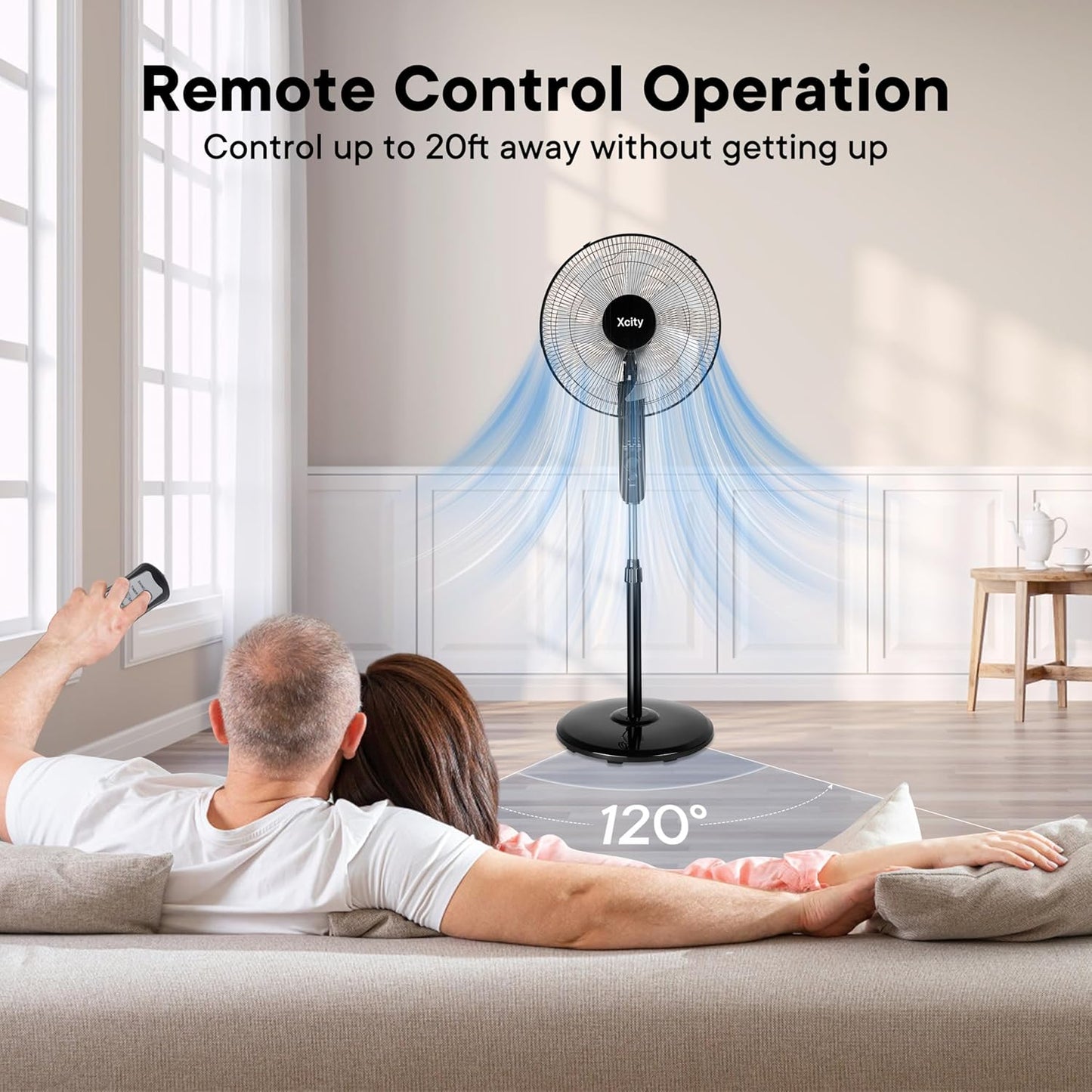 Xcity 16-Inch Oscillating Pedestal Fan - High Velocity, Remote Control, Adjustable Height & Tilt | Quiet Operation for Bedroom & Office, Black