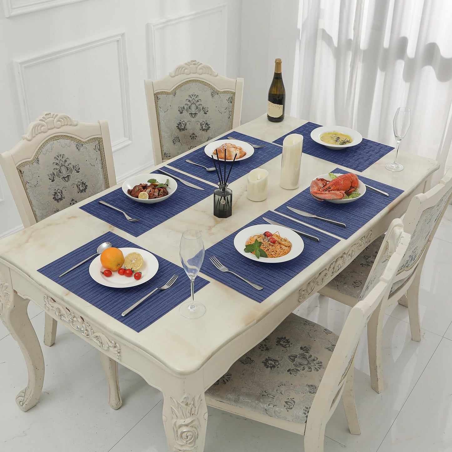Leetaltree Blue Placemats Set of 8 - Heat Resistant Non-Slip Place mats for Dining Table, Washable Durable PVC Vinyl Woven Table Mats（Blue, 8）