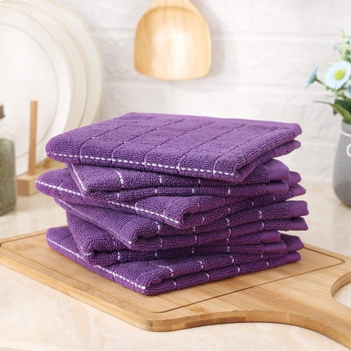 Homaxy 100% Cotton Terry Kitchen Towels(Purple, 13 x 28 inches), Checkered Designed, Soft and Super Absorbent Dish Towels, 8 Pack