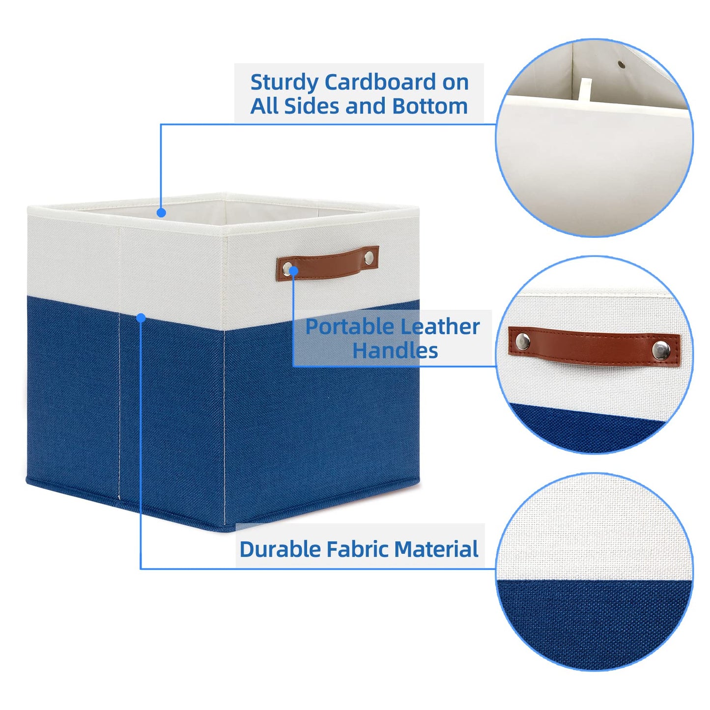 Temary Collapsible Storage Boxes - 12x12 Blue Cube Storage Bins with Handles for Organizing Home, White&Blue