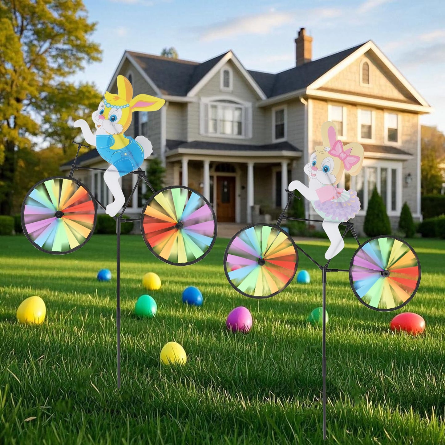 winemana Easter Decorations Outdoor- 2 Pcs Easter Pinwheels Decor for Yard, 36.5" Windmills Bunny Garden Stakes & Wind Spinner for Kids